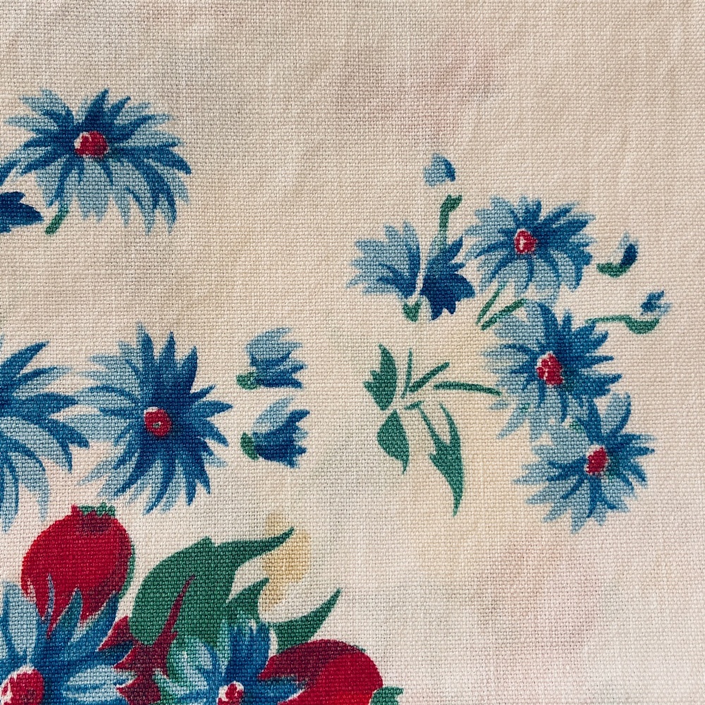Vintage Floral Blue And Red Cotton Square Tablecloth 50x53 - Picture 4 of 6
